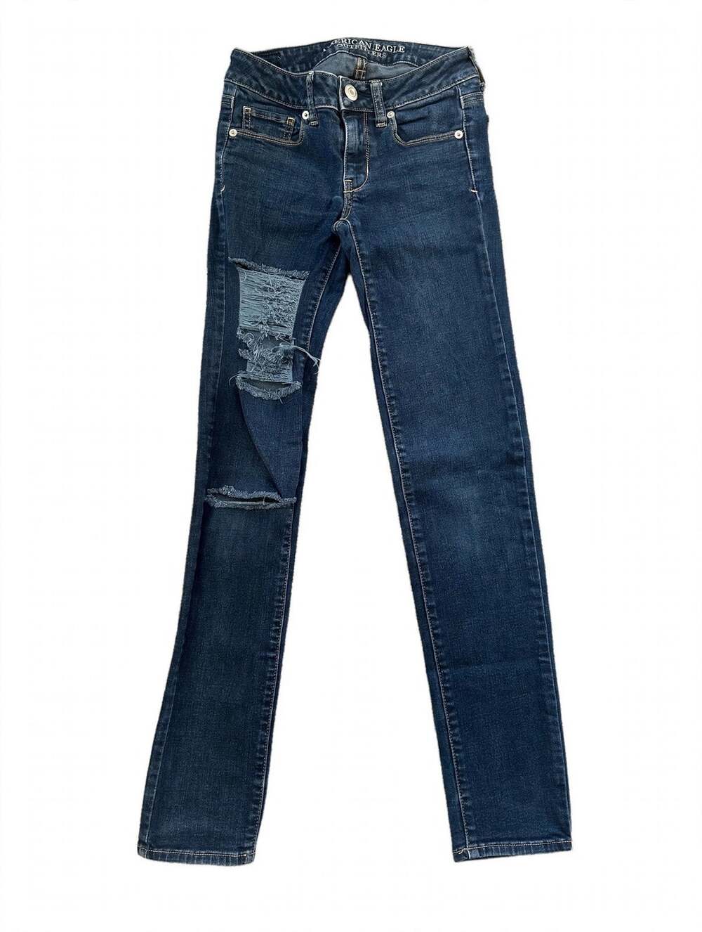 American Eagle Skinny Super Stretch Jeans Womens 00 Dark Wash Distressed Ripped